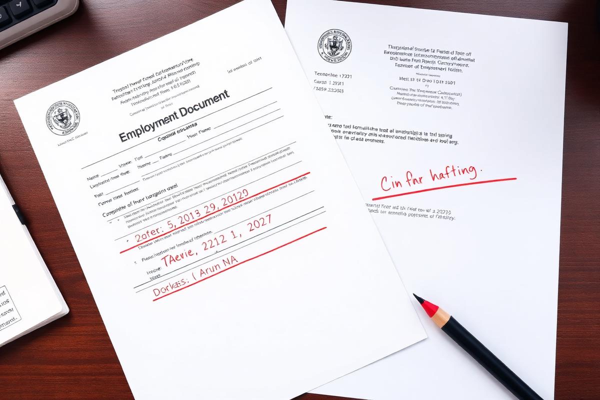 Two employment documents with conflicting dates marked in red