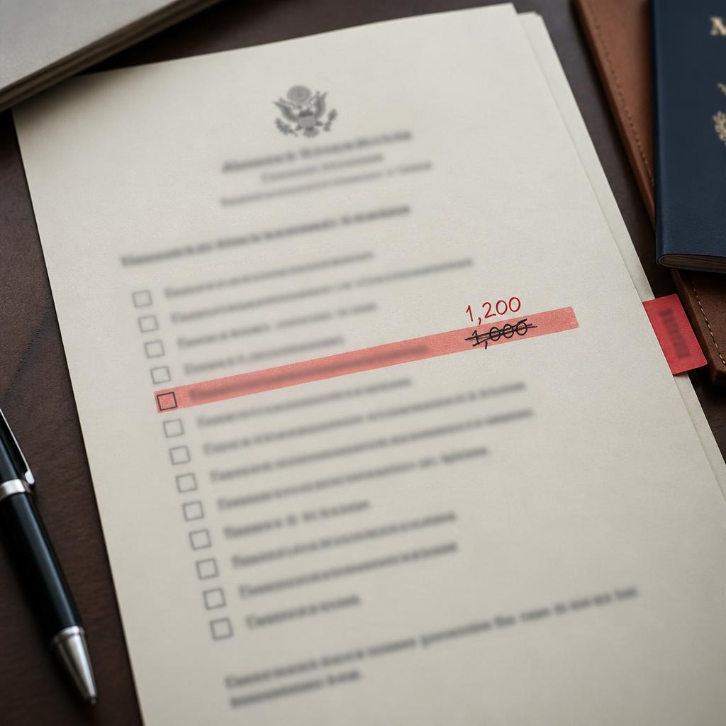 Embassy requirements sheet with an updated minimum proof-of-funds figure highlighted